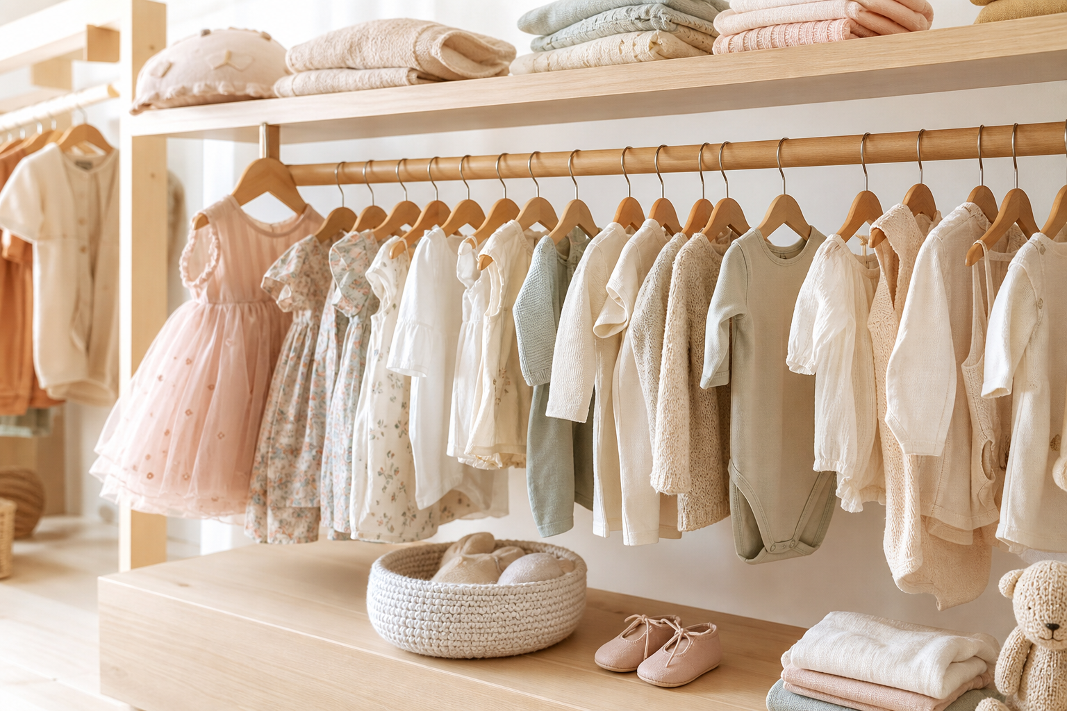 Arara com moda infantil, pijamas e roupas para o dia a dia em tons suaves